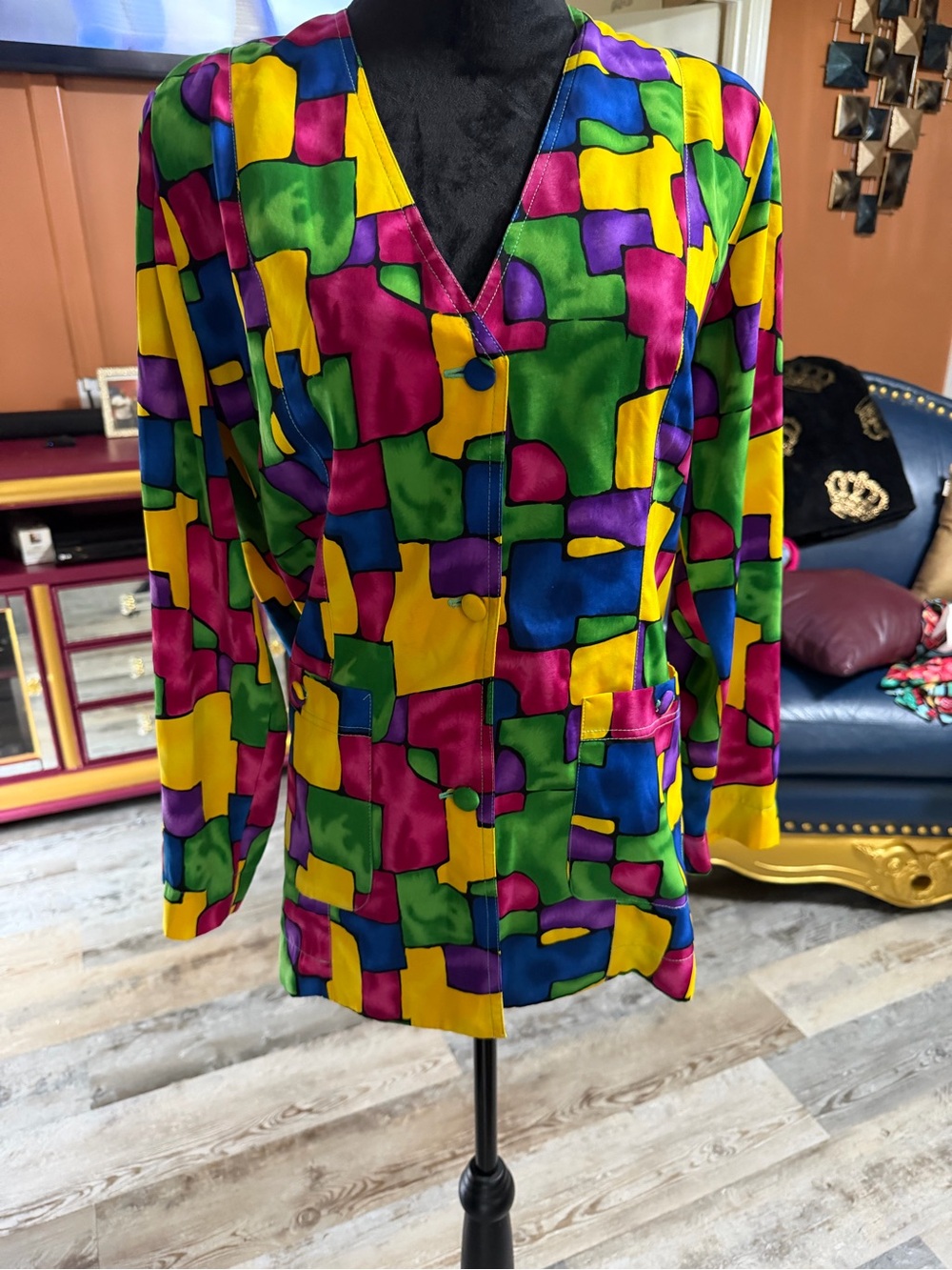 Vintage 80’s colorful abstract lightweight blazer with geometric block pattern
